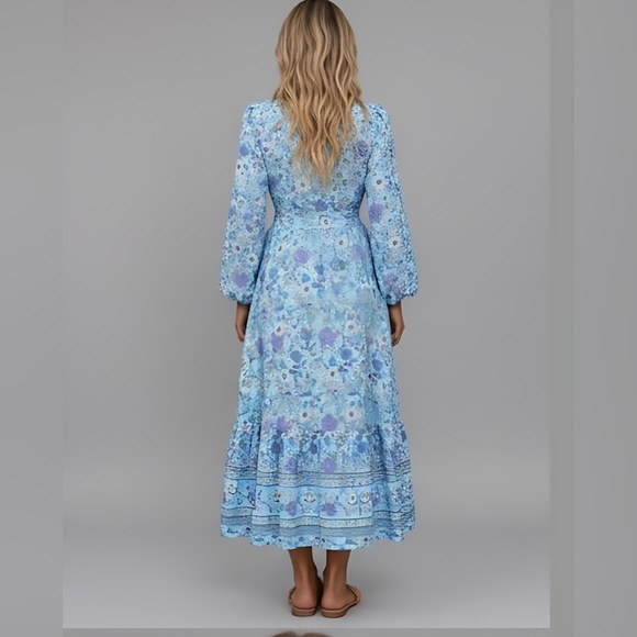 Floral Print Lantern Sleeve Ruffle Hem Belted Dress - Picture 4 of 5